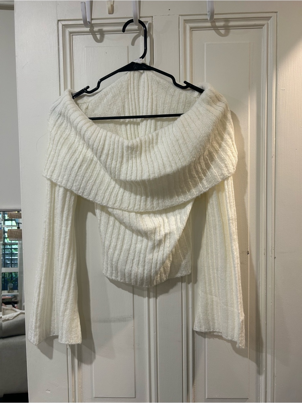 Off-Shoulder Cream Ribbed Knit Sweater - Picture 2 of 3